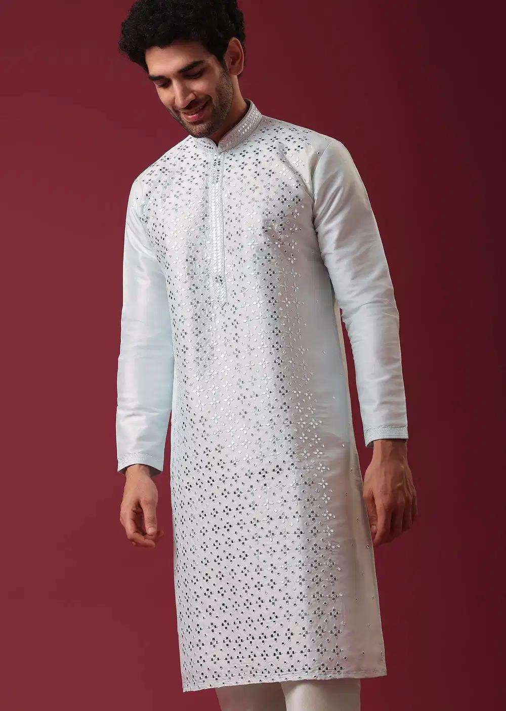 Aquatic Blue Kurta Set In Silk With Mirror Work Elegant Designer Kurta Sets