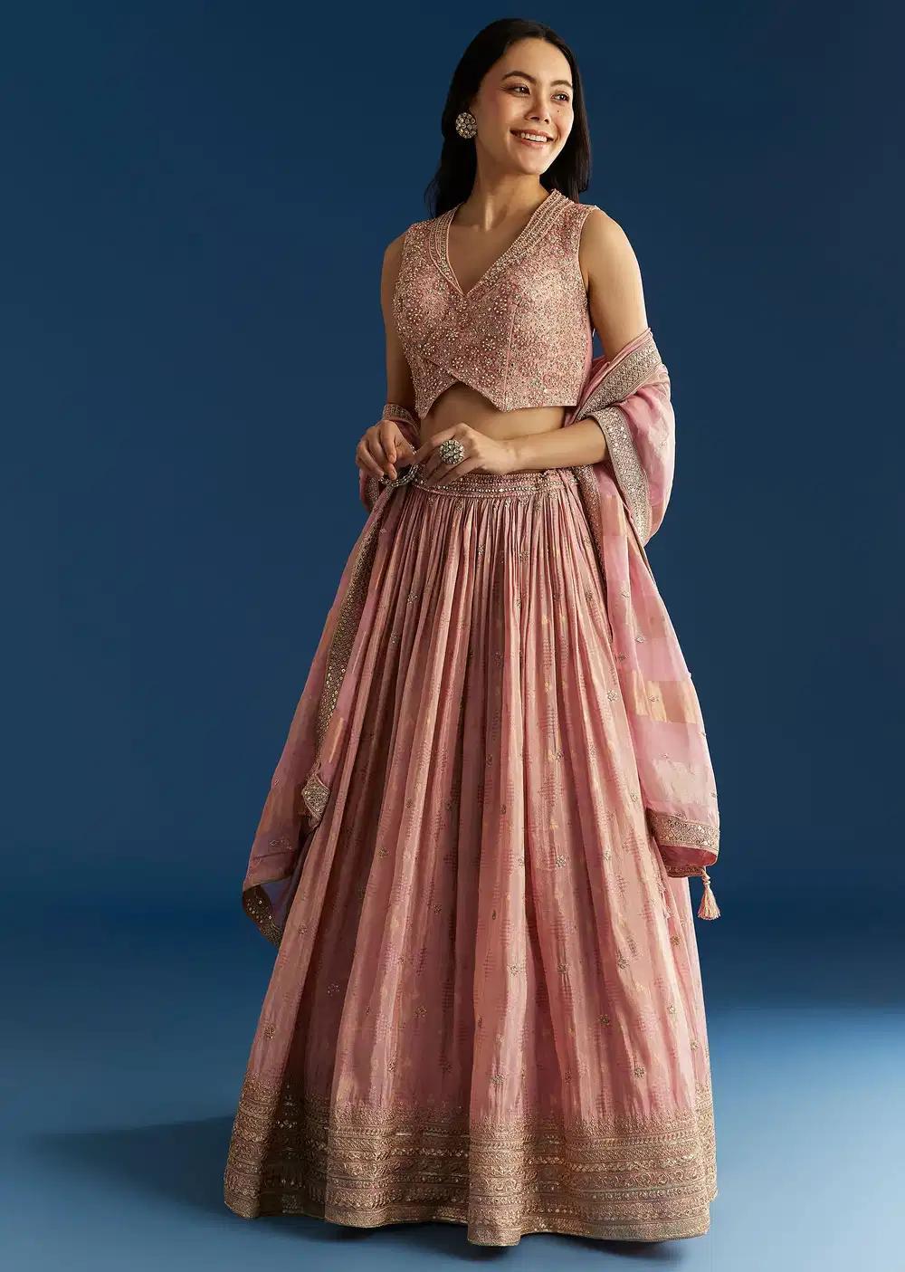 Baby Pink Tissue Lehenga Skirt Ensemble Featuring Mirror Sequins Blouse