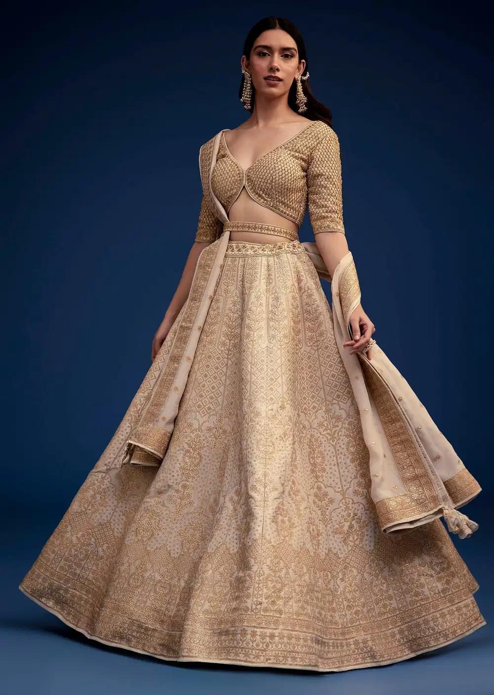 Beige Brocade Lehenga Skirt Ensemble Belt