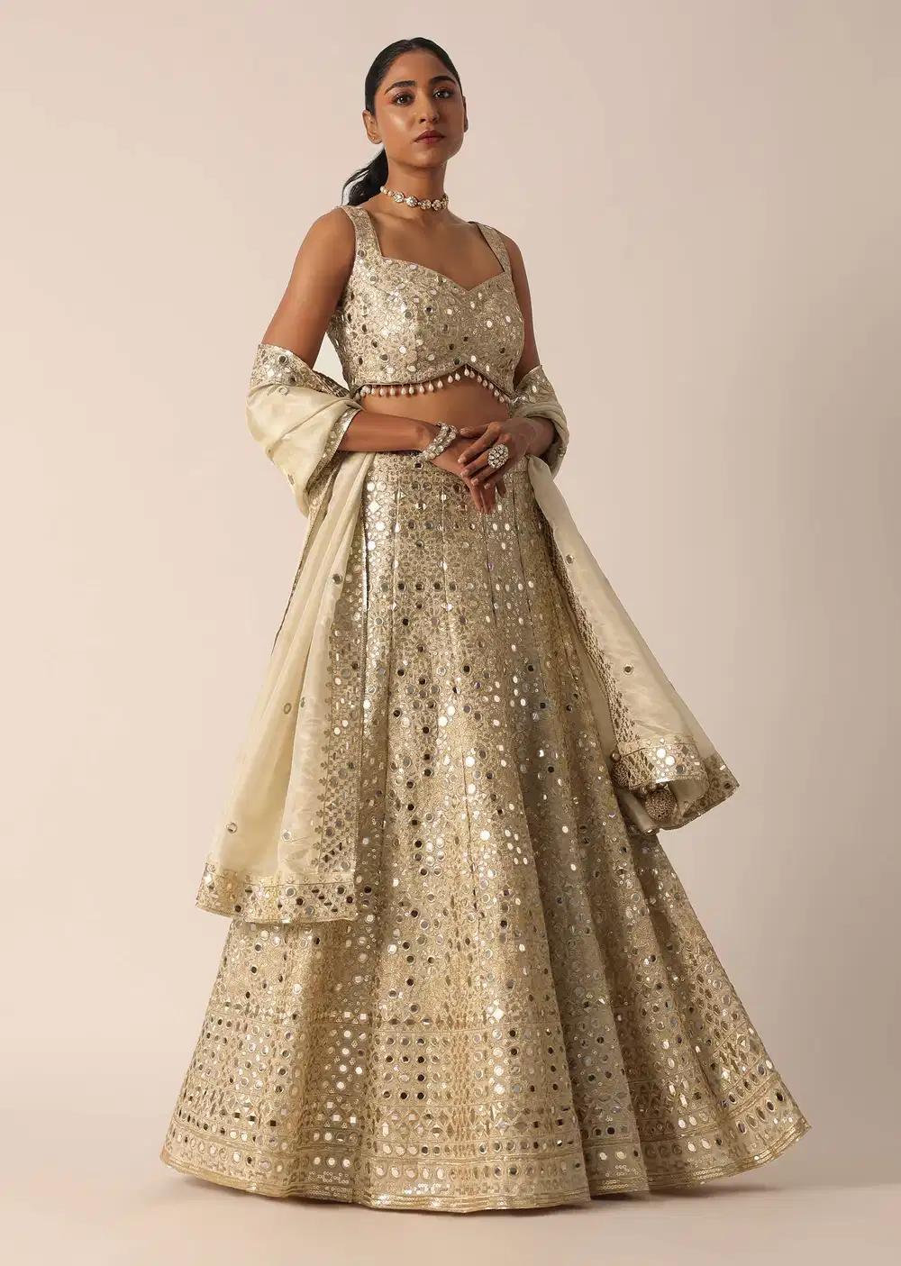 Beige Chanderi Mirror Embellished Lehenga Skirt Ensemble