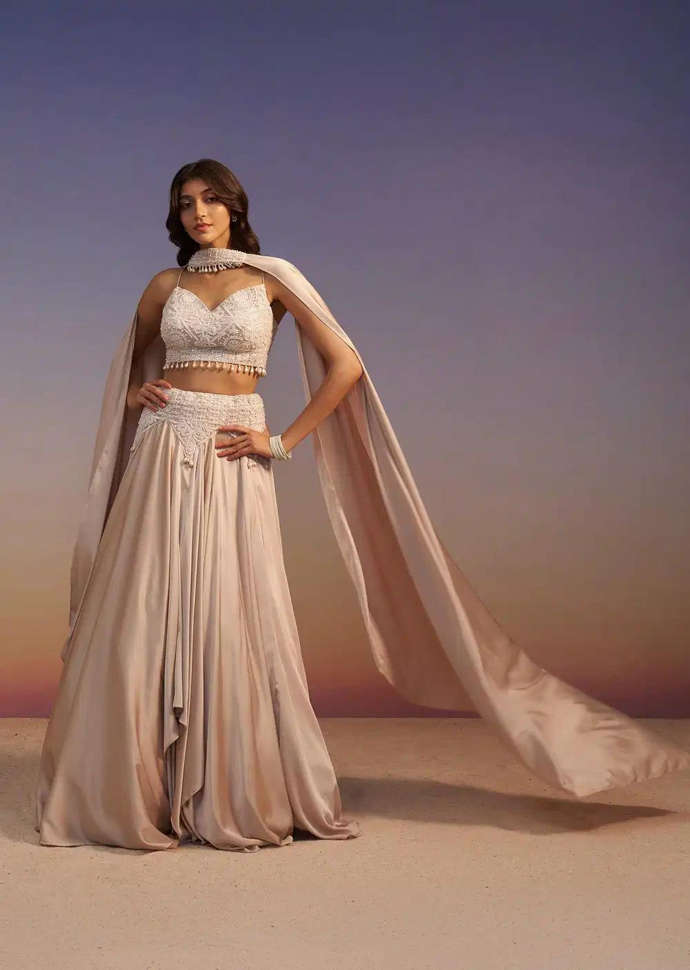 Beige Frill Skirt Handcrafted Blouse Ensemble Featuring Choker Drape