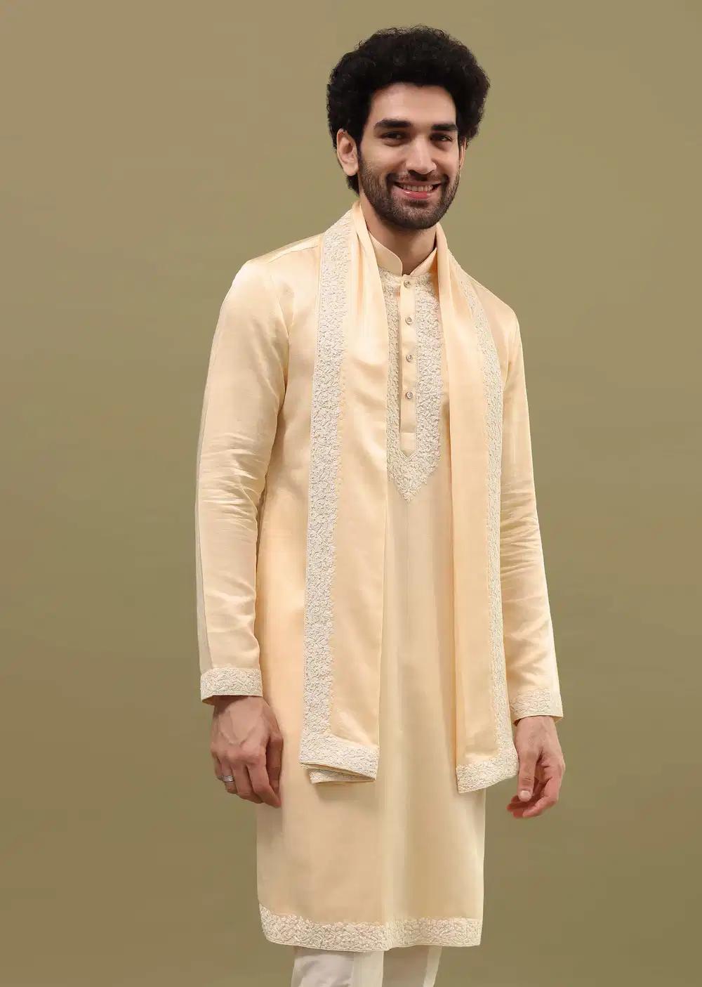 Beige Kurta Set In Resham Work With Dupatta For Men Elegant Designer Kurta Sets