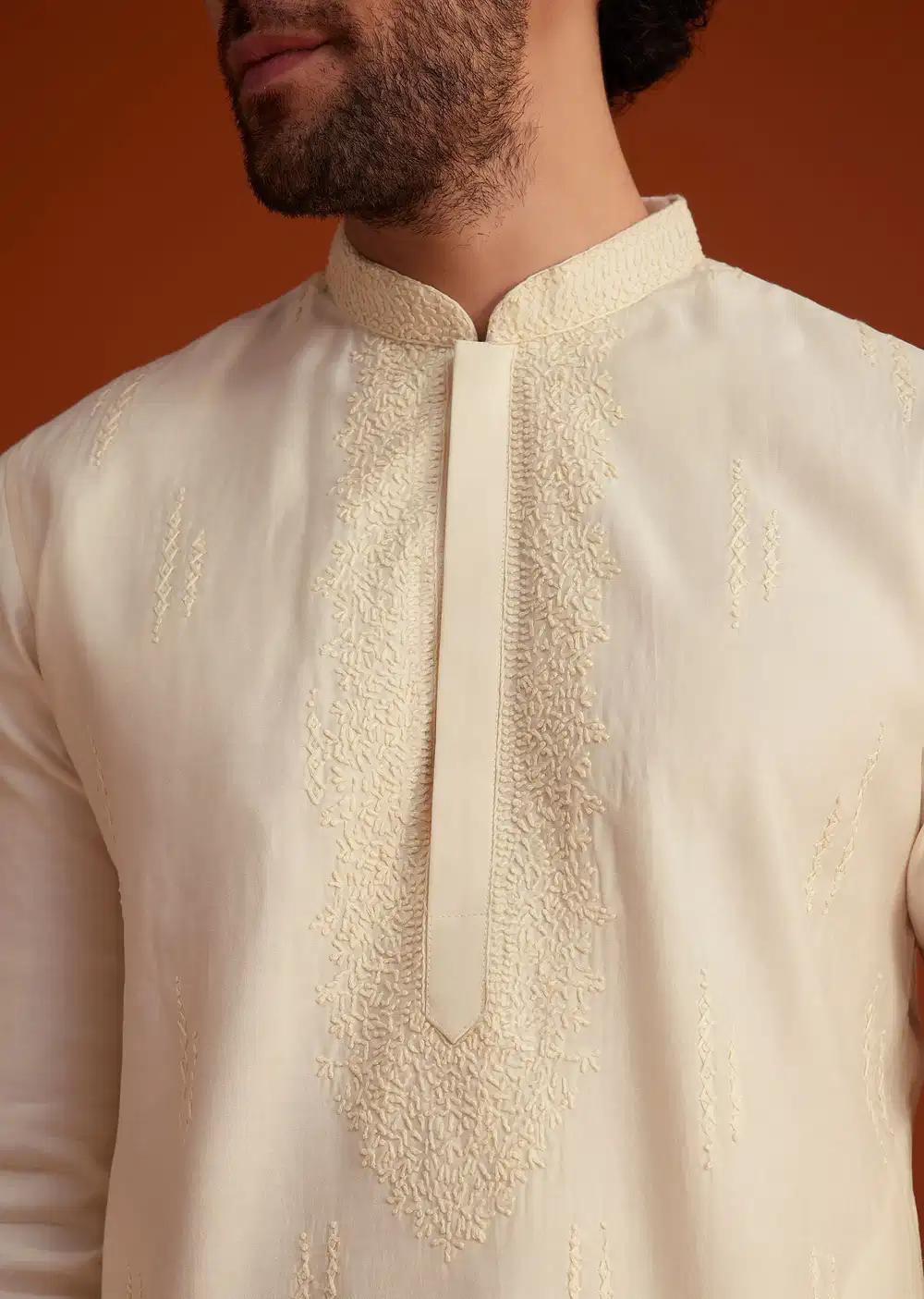 Beige Minimal Embroidered Kurta Pajama Set Elegant Designer Kurta Sets