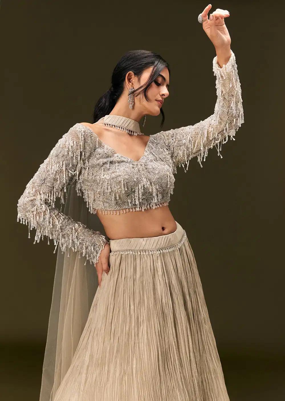 Beige Net Handcrafted Blouse Featuring Ruched Lehenga Skirt Choker Drape