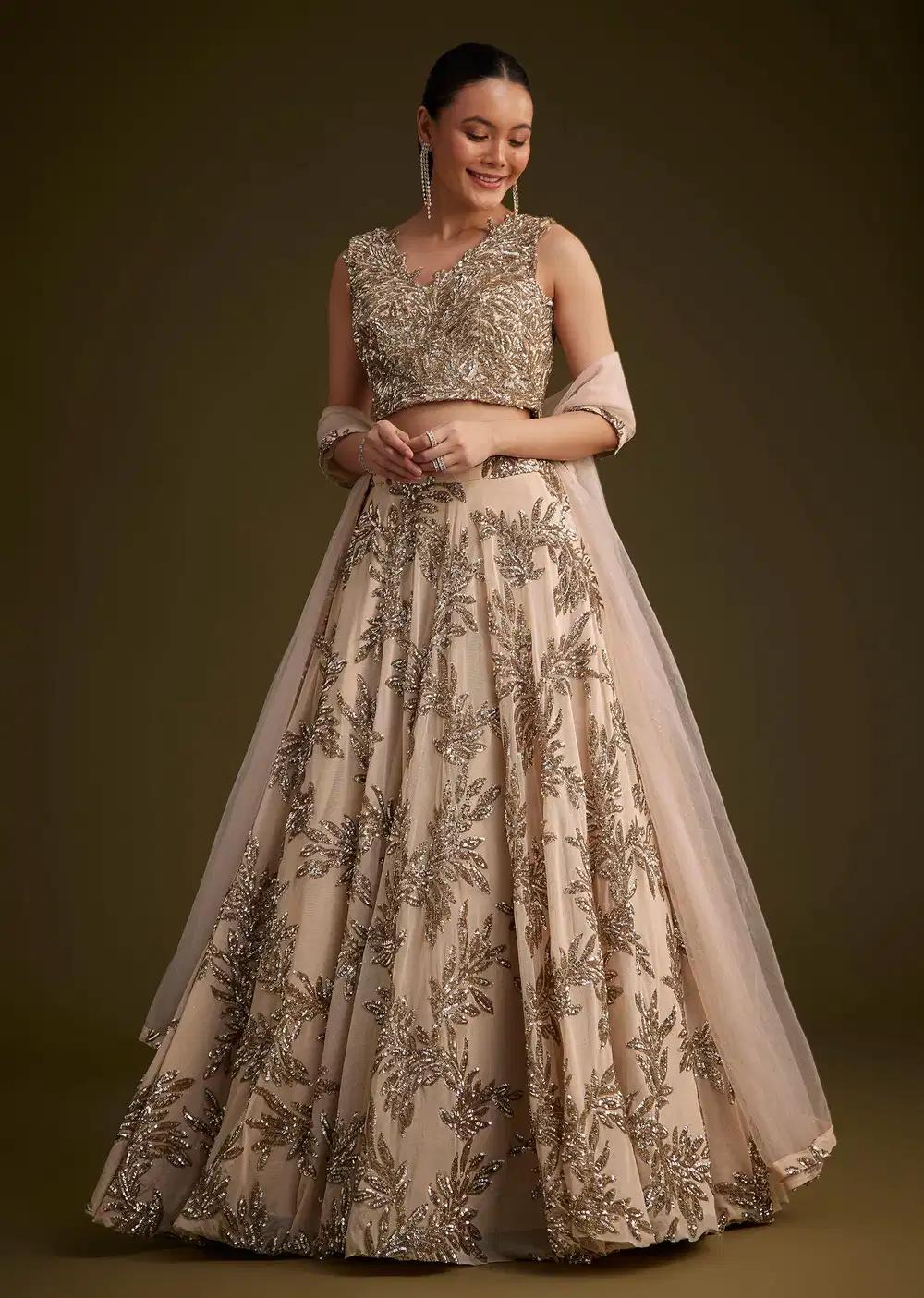 Beige Net Lehenga Skirt Ensemble Featuring Sequins Drape