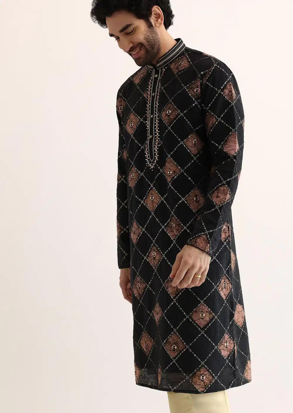 Black And Pink Silk Kurta Set With Mirror Embroidery Elegant Designer Kurta Sets