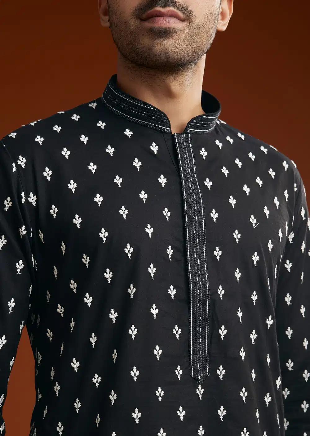 Black Chanderi Kurta Pant Set With Intricate Embroidery Elegant Designer Kurta Sets