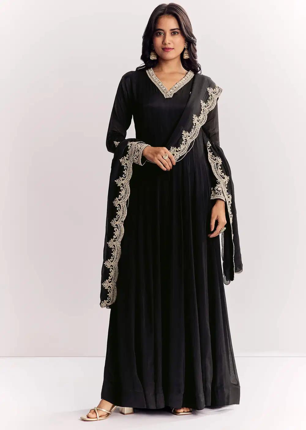 Black Chinon Anarkali Dress Outfit Featuring Zardosi Detailing Handcrafted Drape