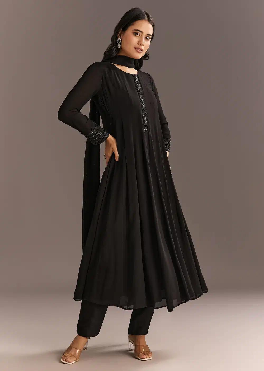 Black Chinon Beaded Sequin Anarkali Dress Trouser Featuring Drape