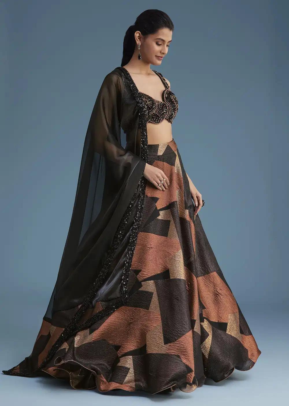Black Copper Lurex Glitter Lehenga Skirt Ensemble Featuring Fancy Blouse