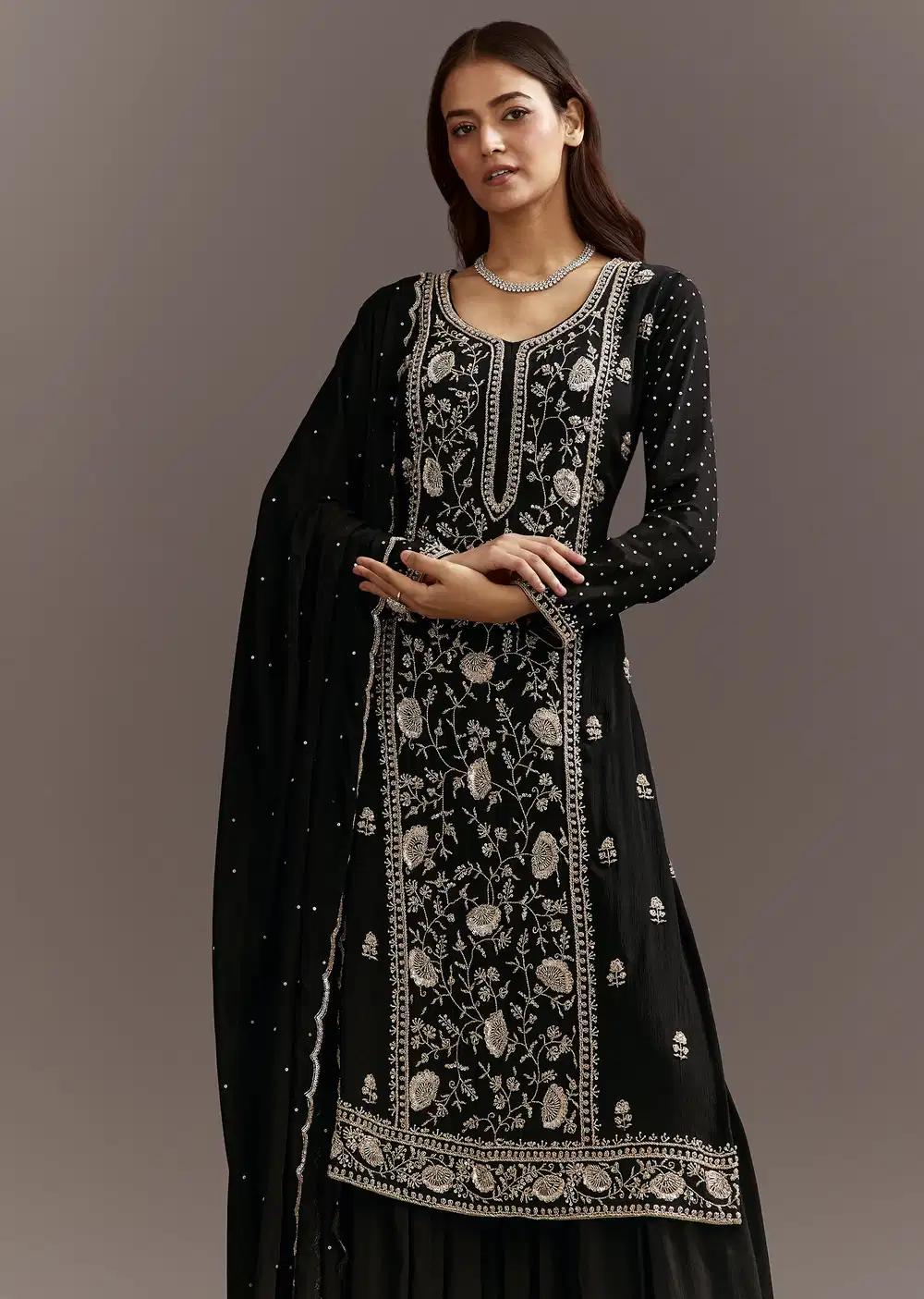 Black Cutdana Sequins Tunic Featuring Chinon Sharara Trousers Drape