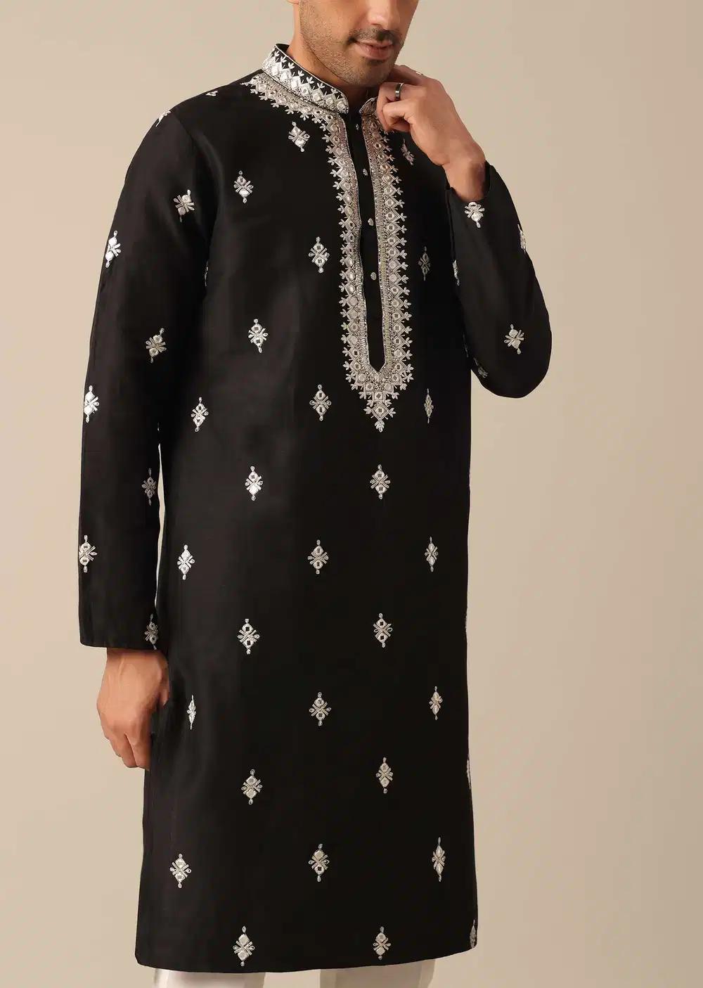 Black Embroidered Kurta Set In Silk Elegant Designer Kurta Sets