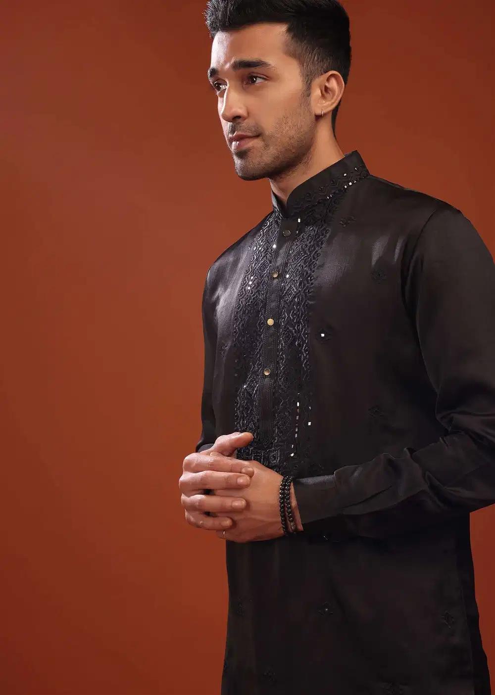 Black Festive Kurta In Mini Silk With Lucknowi Embroidery Elegant Designer Kurta Sets