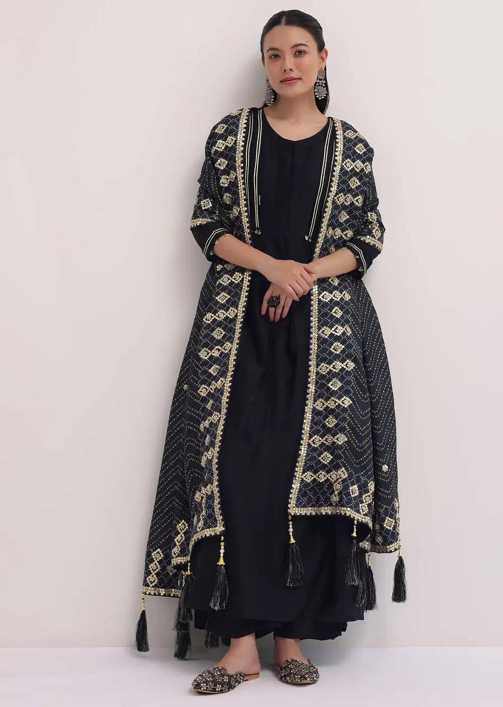 Black Handcrafted Chanderi Anarkali Dress Ensemble