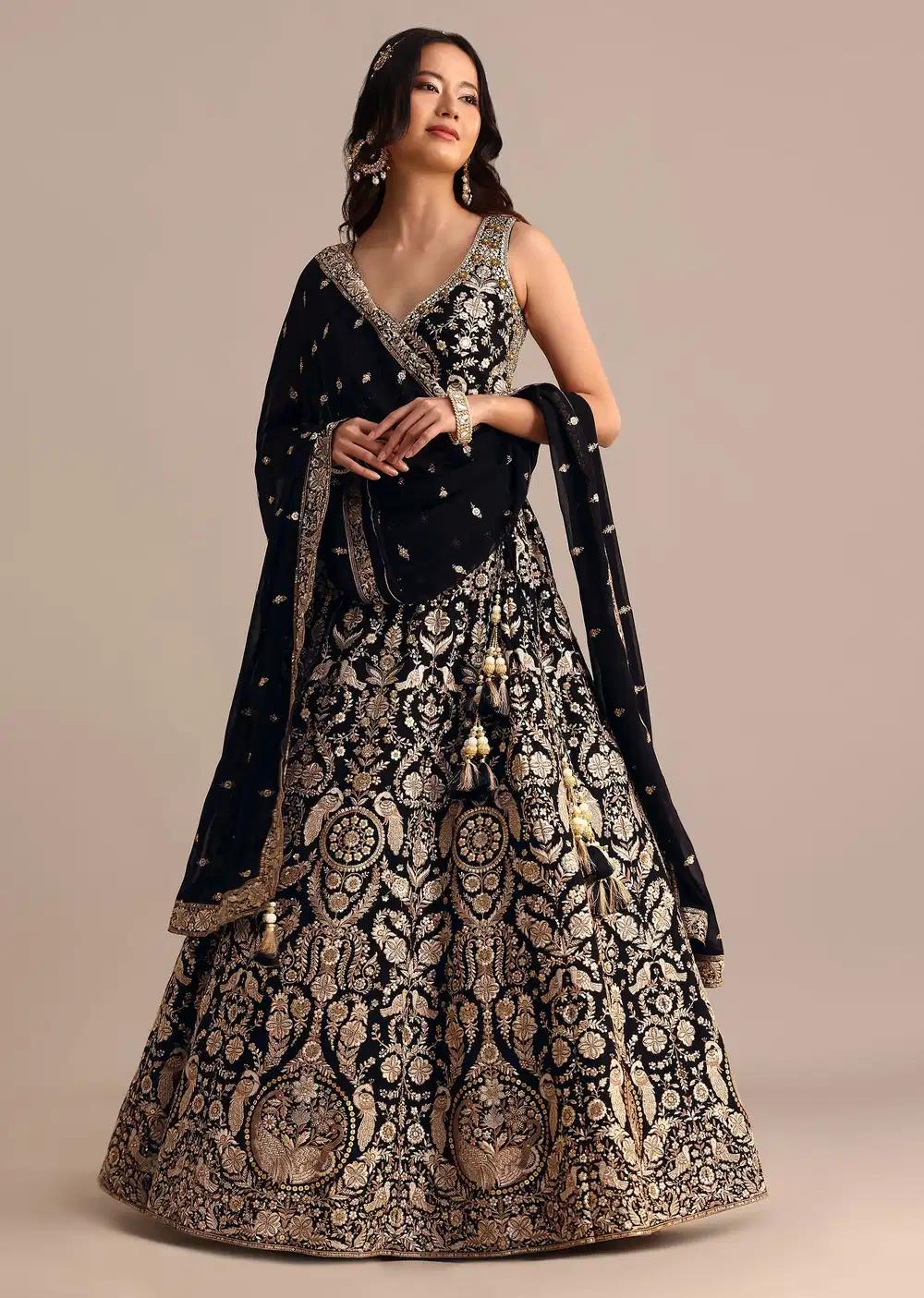 Black Handcrafted Georgette Lehenga Skirt Blouse Featuring Drape