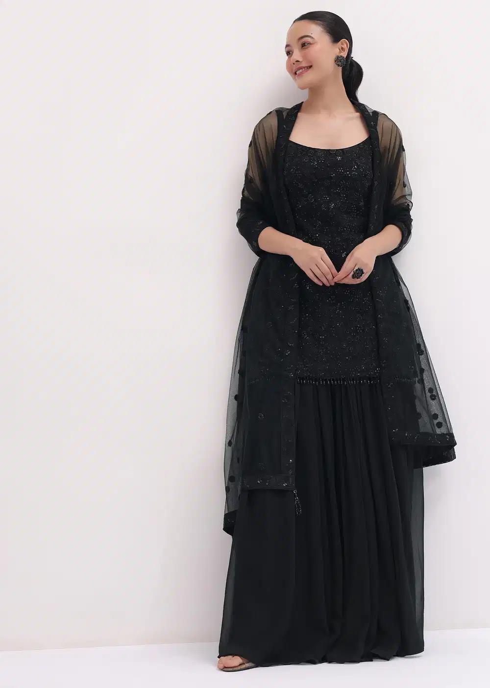 Black Handcrafted Net Tunic Palazzo Trousers Ensemble