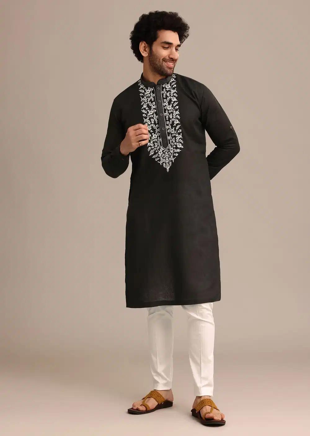 Black Linen Floral Resham Work Kurta Set Elegant Designer Kurta Sets