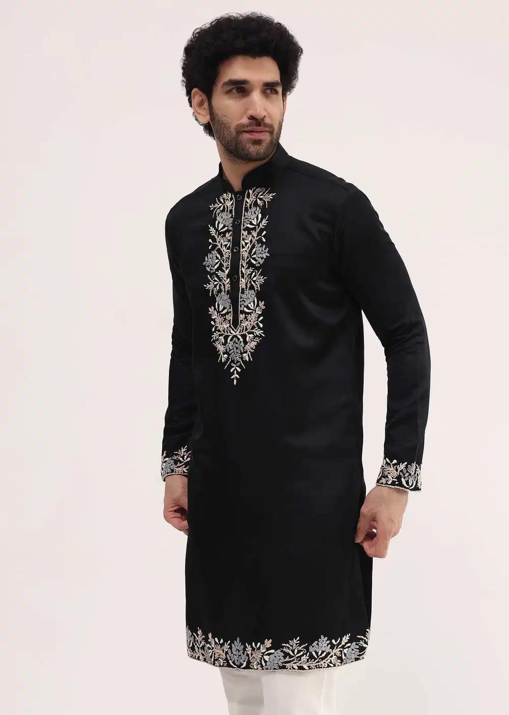 Black Linen Kurta Set With Resham Work For Men Elegant Designer Kurta Sets