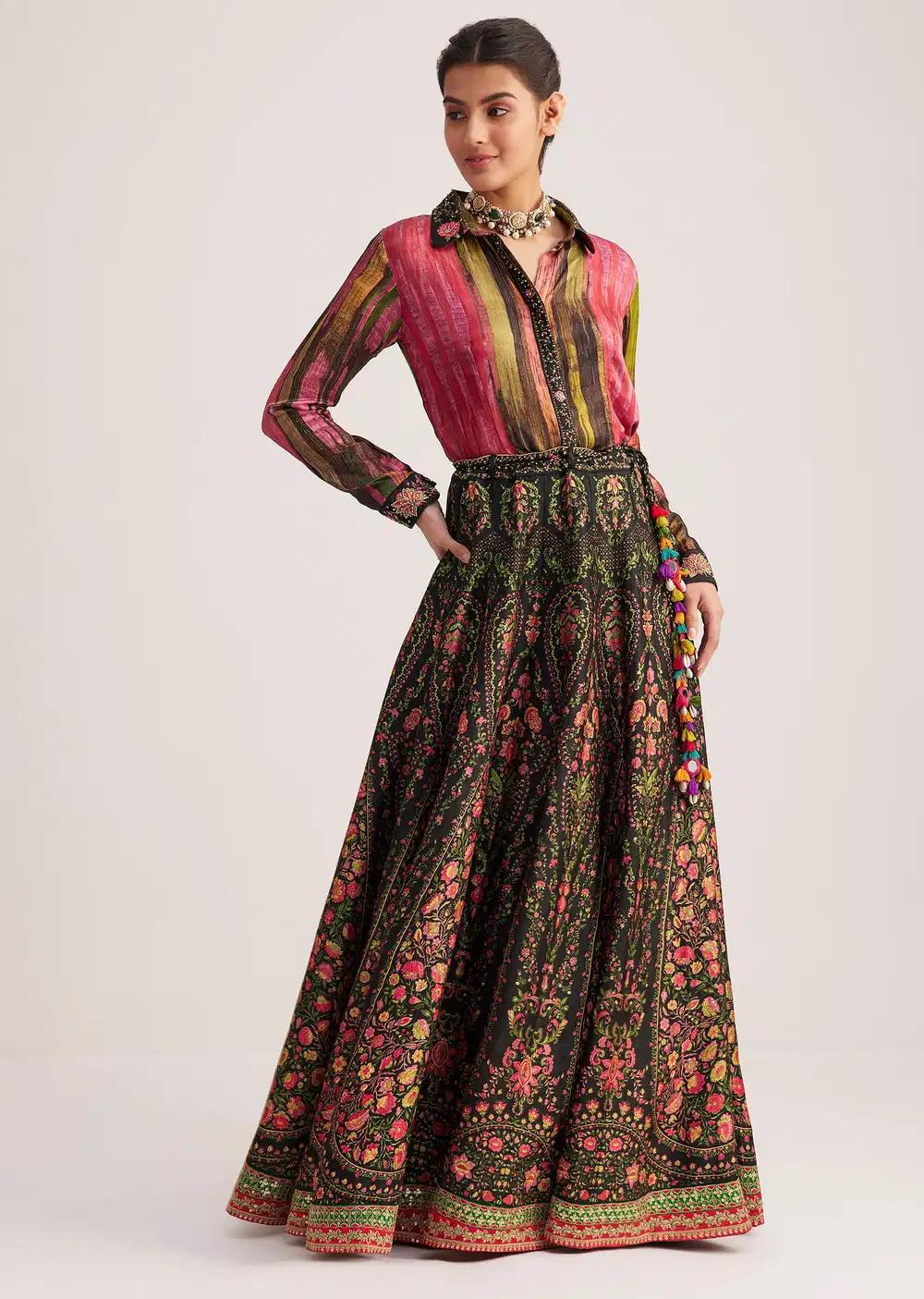 Black Pink Silk Shirt Skirt Ensemble