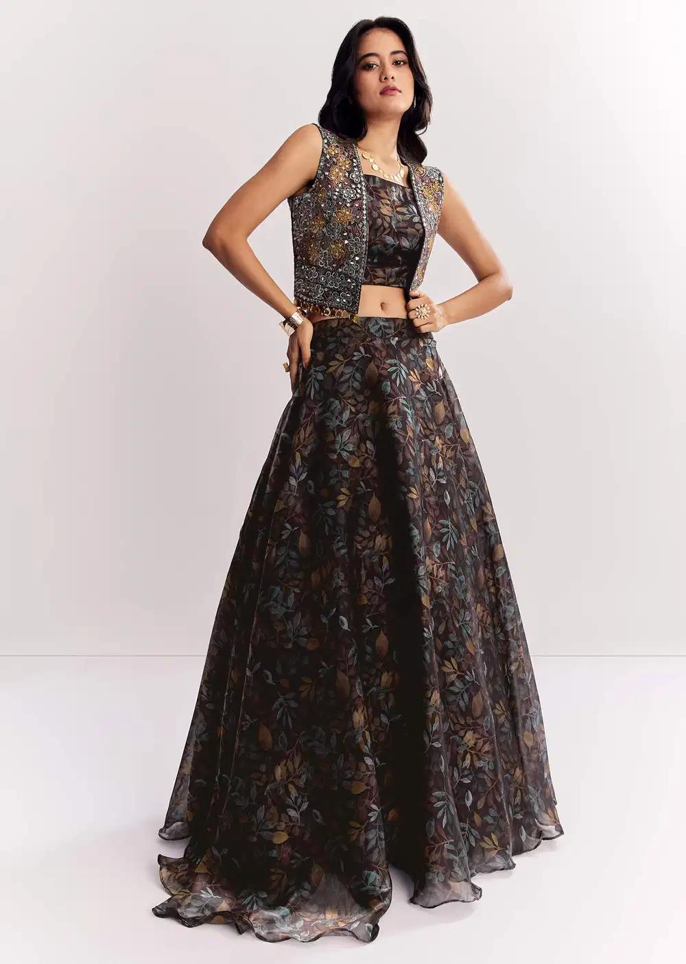 Black Printed Lehenga Skirt Blouse Featuring Mirror Work Jacket In Organza Tissue