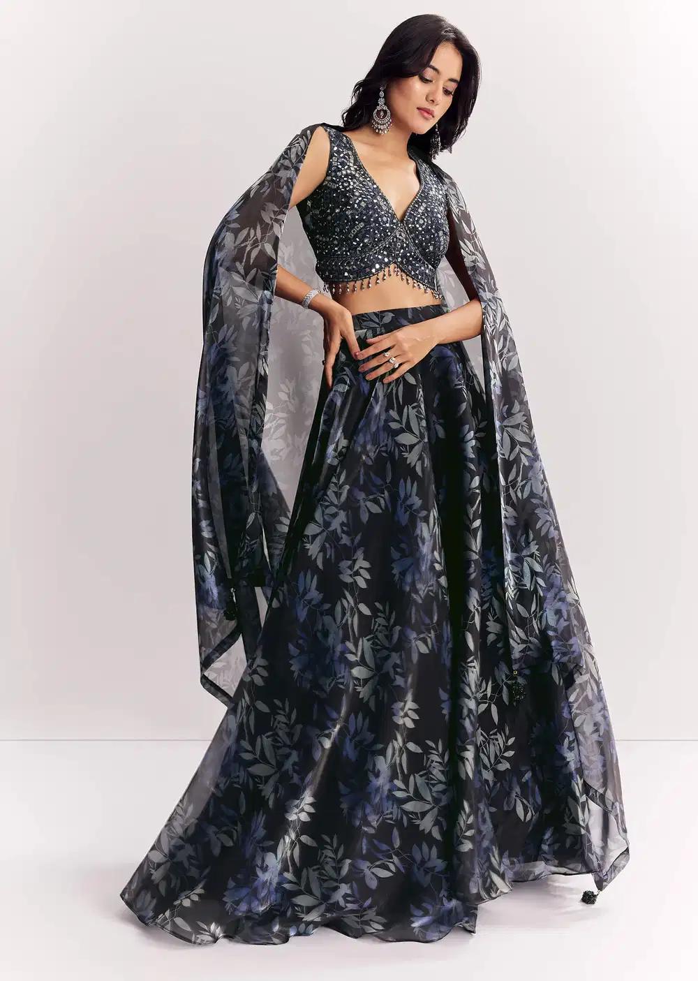 Black Printed Mirror Work Lehenga Skirt Blouse Ensemble In Organza Tissue