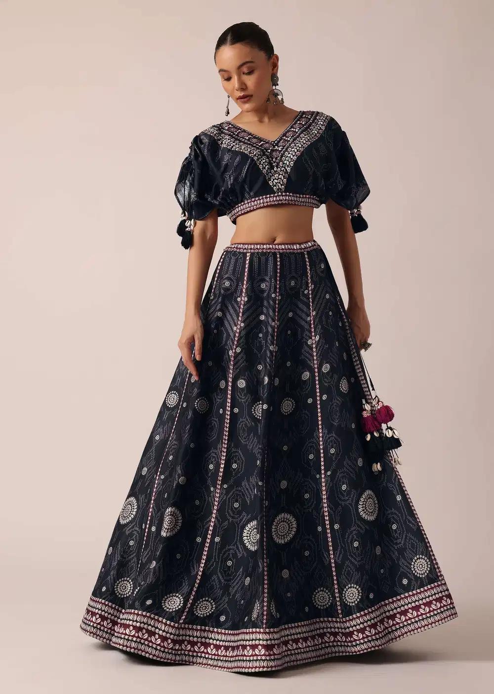 Black Satin Printed Lehenga Skirt Ensemble