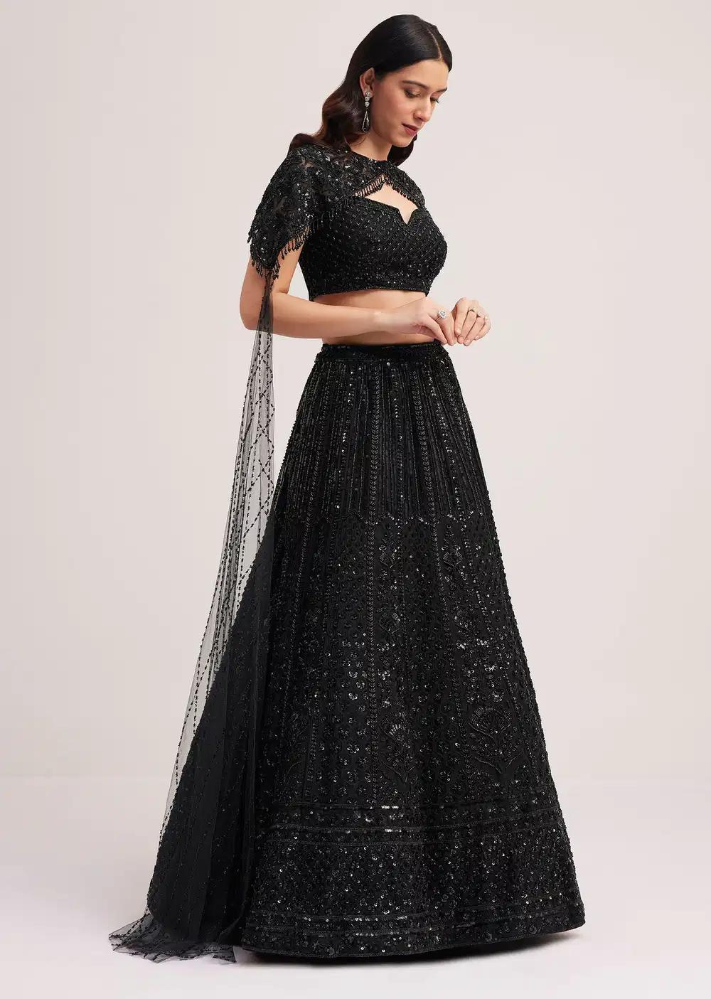 Black Sequin Embellished Lehenga Skirt Blouse Ensemble Featuring Cape