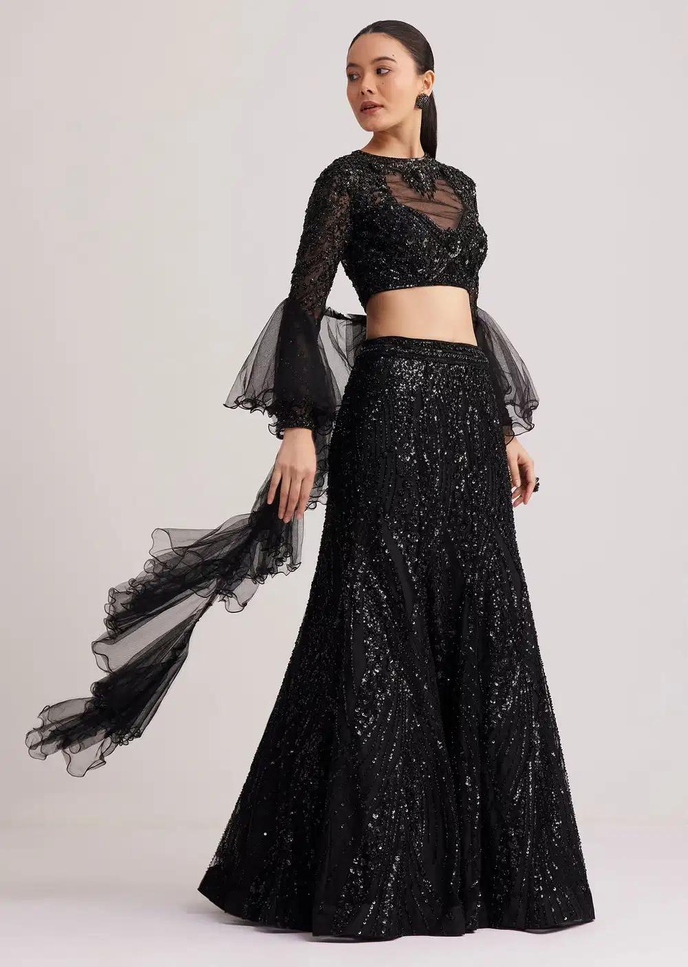 Black Sequins Lehenga Skirt Ensemble Featuring Ruffled Drape