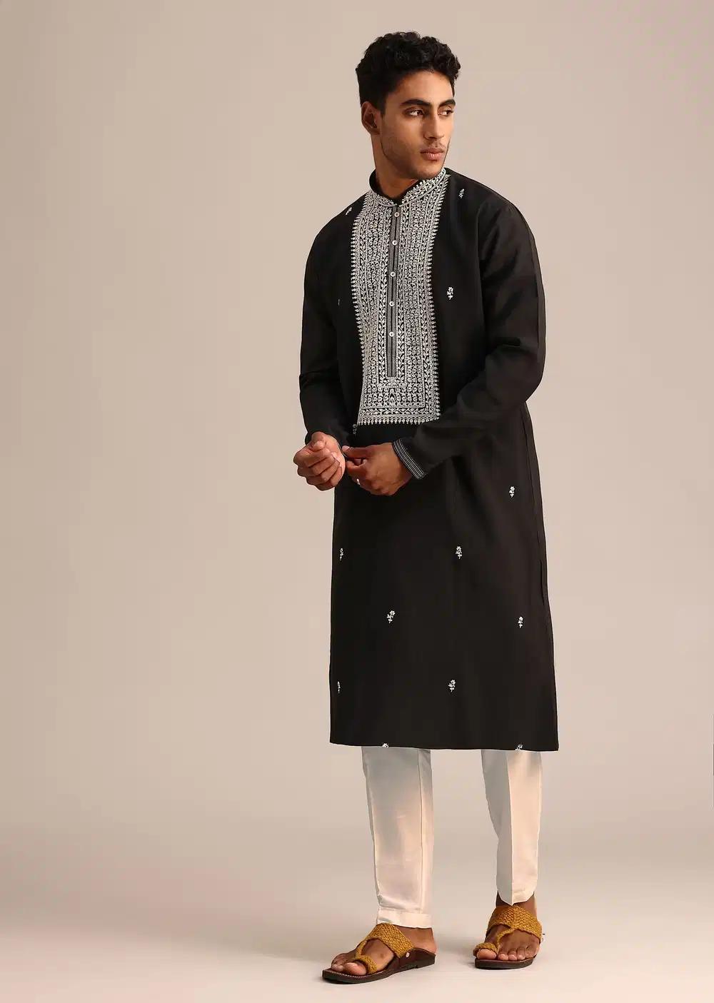 Black Silk Mandarin Collar Kurta Set With Embroidered Yoke Elegant Designer Kurta Sets