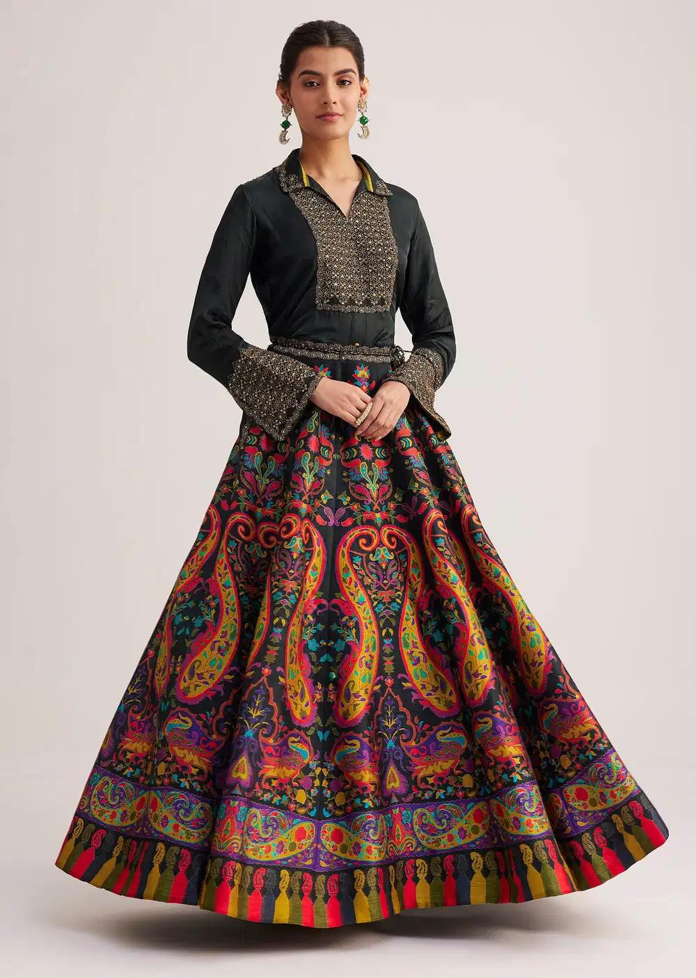 Black Silk Shirt Skirt Ensemble Featuring Zari Bead Embellishments