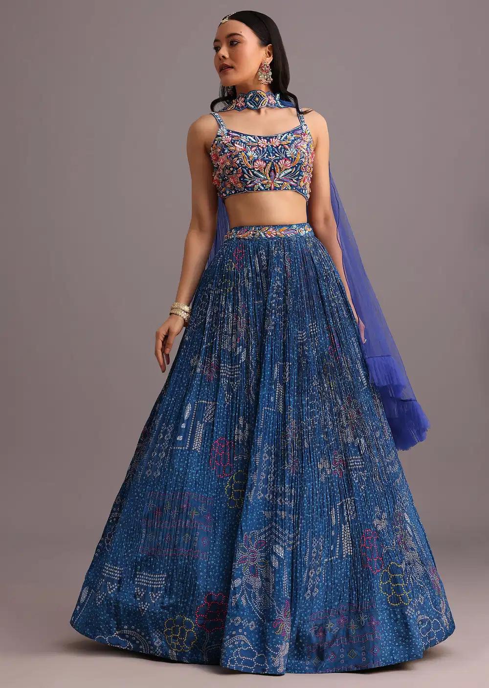 Blue Hand Handcrafted Blouse Featuring Bandhani Print Lehenga Skirt Choker Net Drape