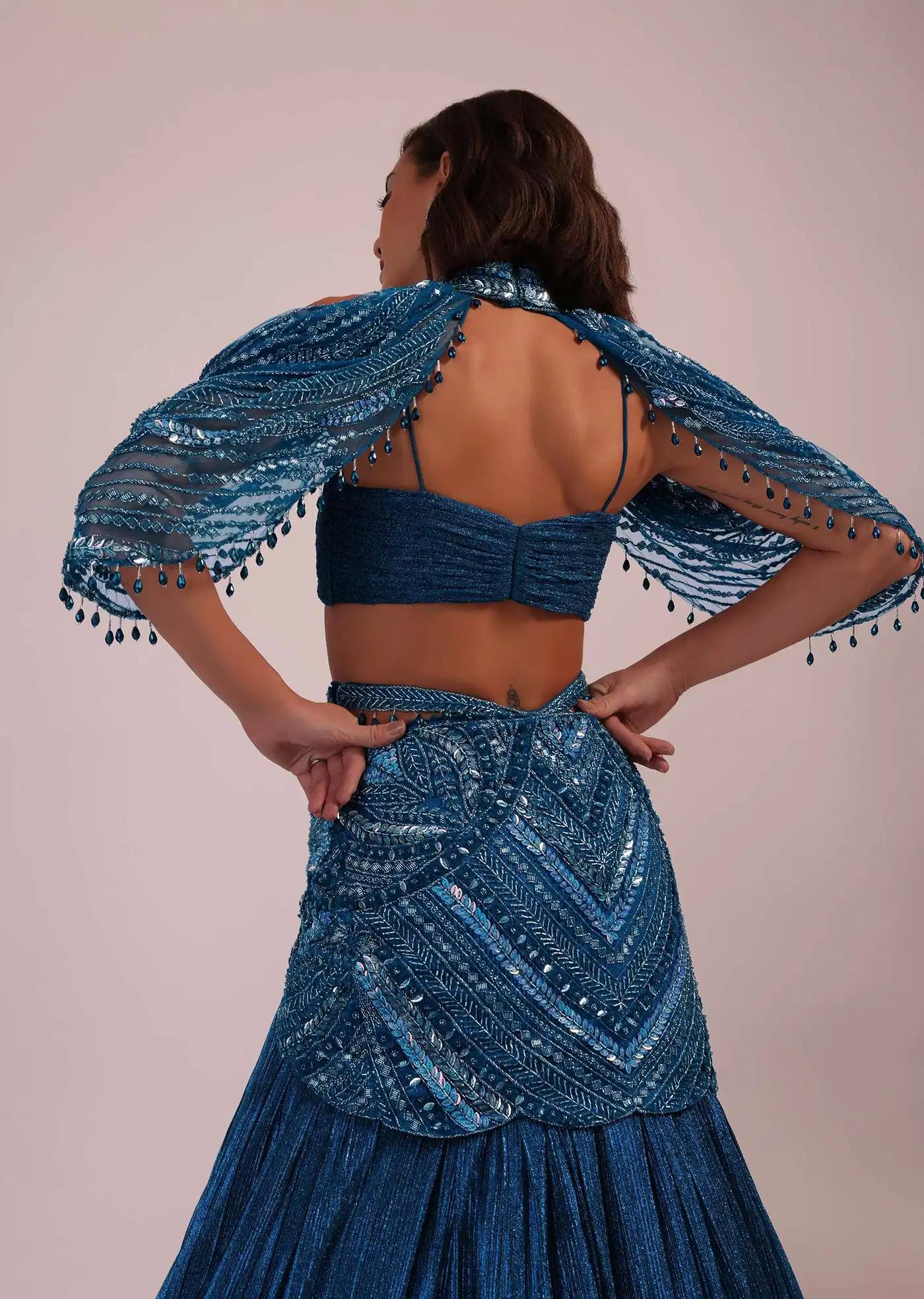 Blue Handcrafted Bridal Lehenga Skirt Blouse Ensemble In Crushed Shimmer