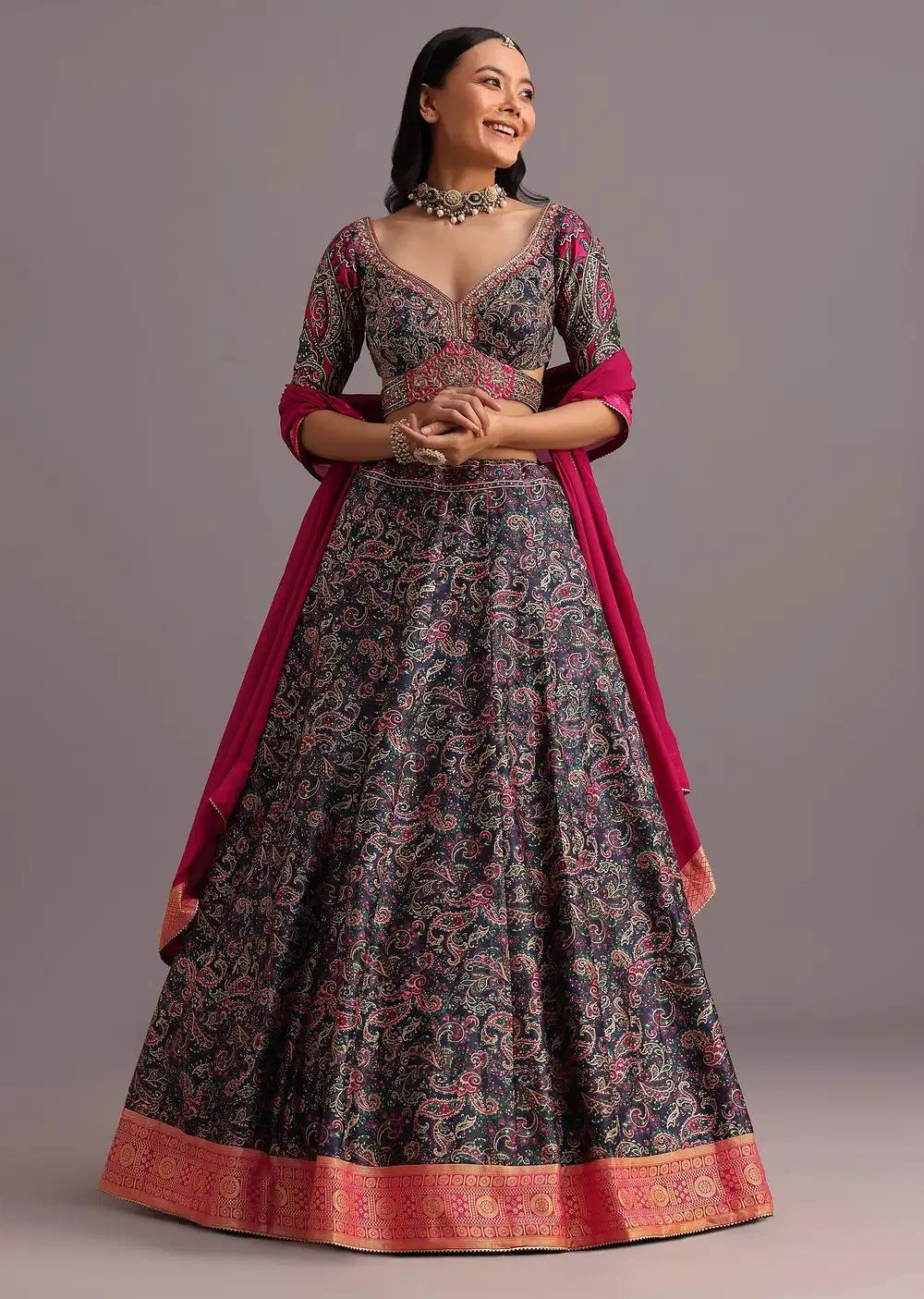 Blue Printed Lehenga Skirt Blouse Featuring Banarasi Weave Bordered Drape