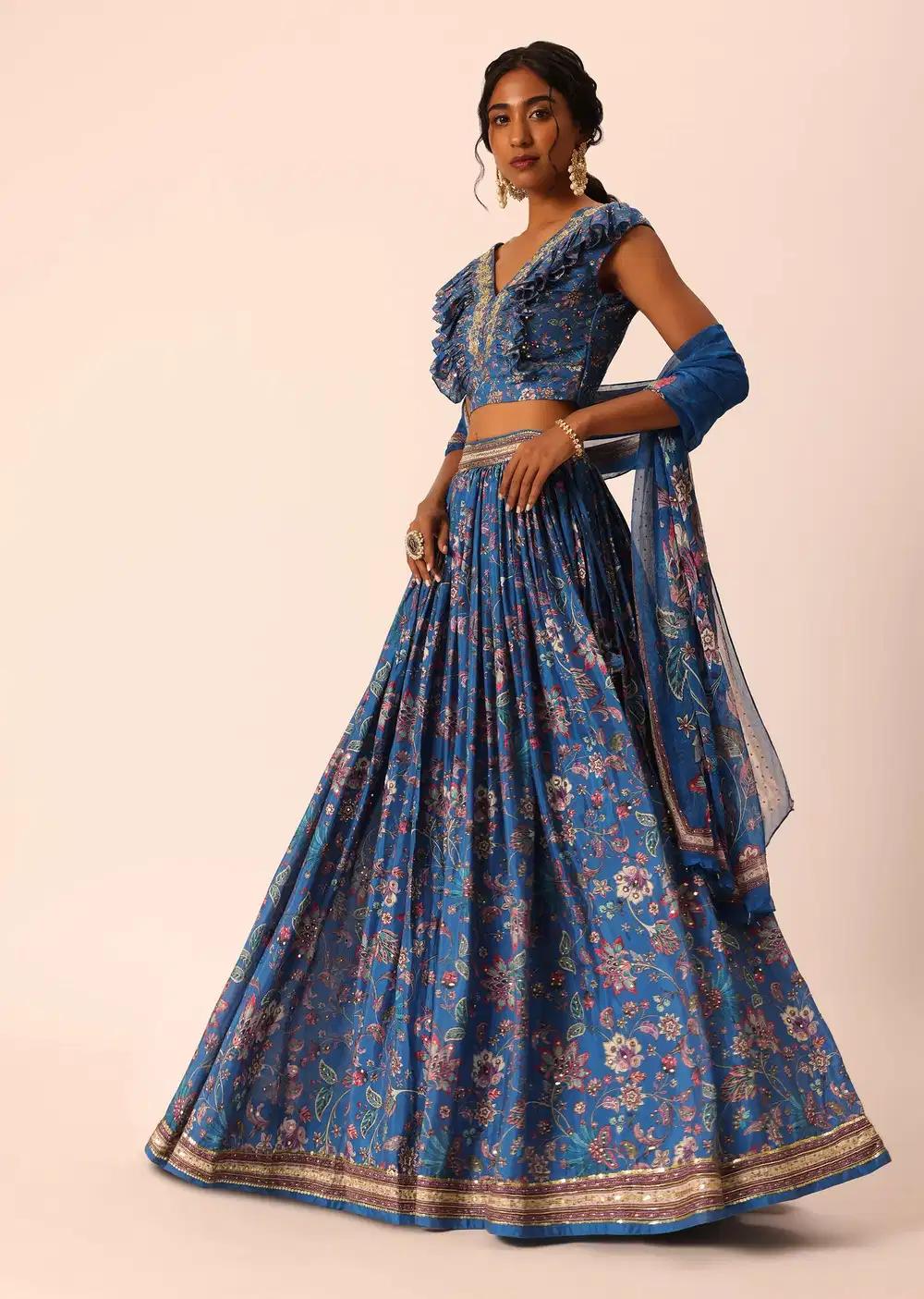 Blue Printed Lehenga Skirt Ensemble In Silk