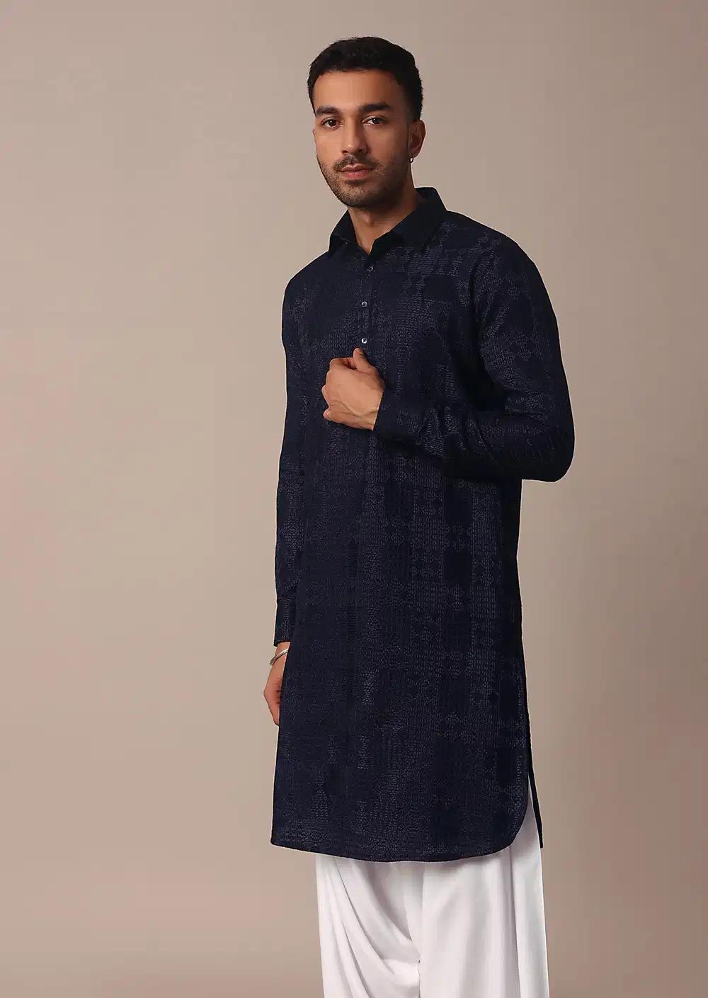 Blue Textured Fabric Collar Style Kurta Set Elegant Designer Kurta Sets
