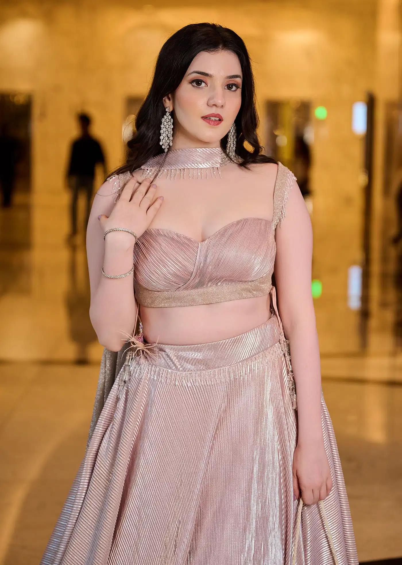 Blush Pink Pre Pleated Frill Lehenga Skirt Featuring Tieup Blouse Choker Drape