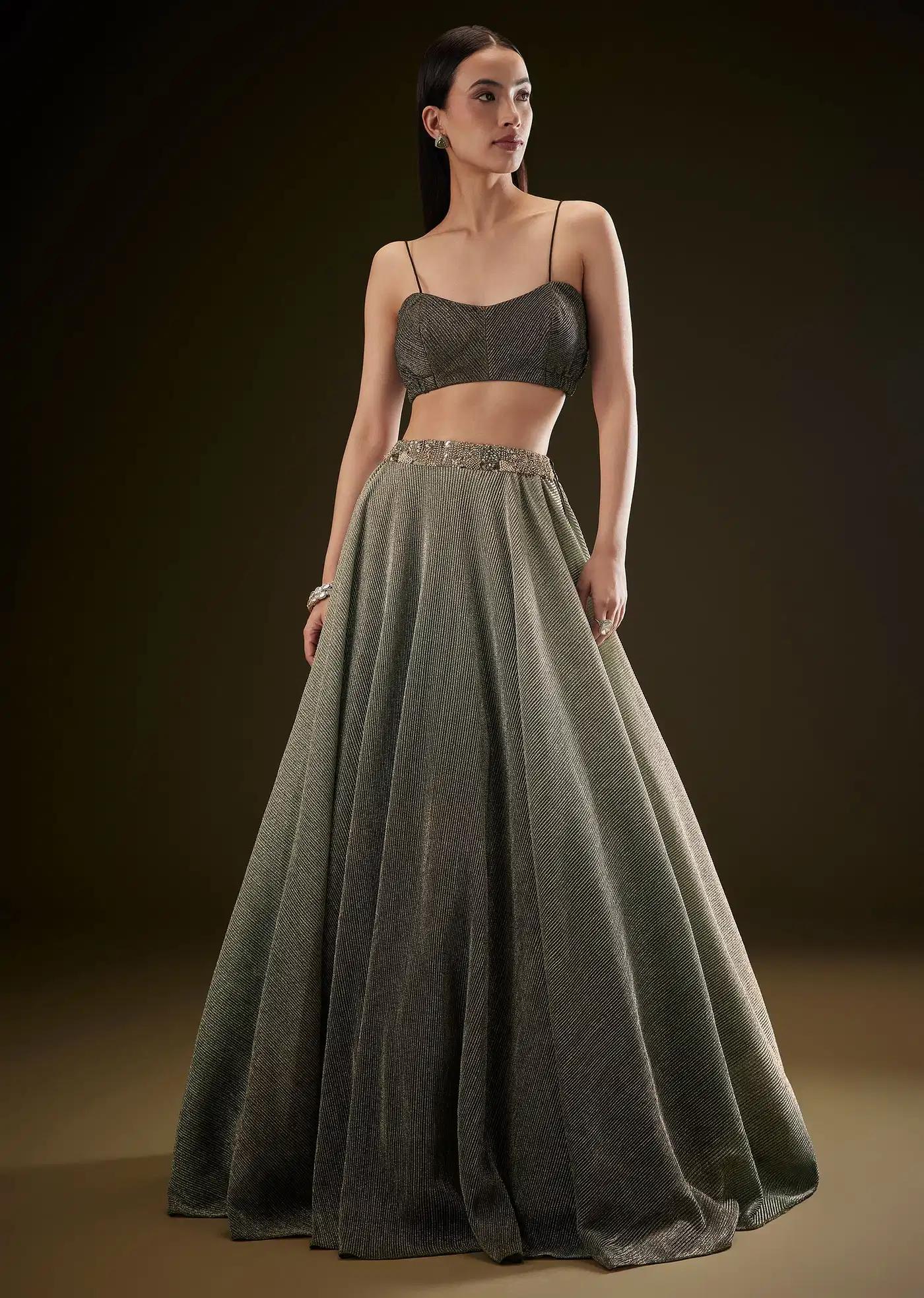 Bottle Green Crush Lehenga Skirt Featuring Choker Style Cape