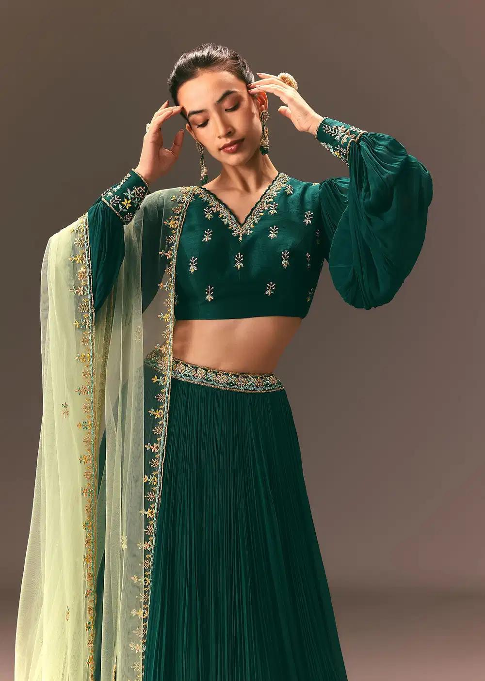 Bottle Green Embellished Ruched Lehenga Skirt Ensemble