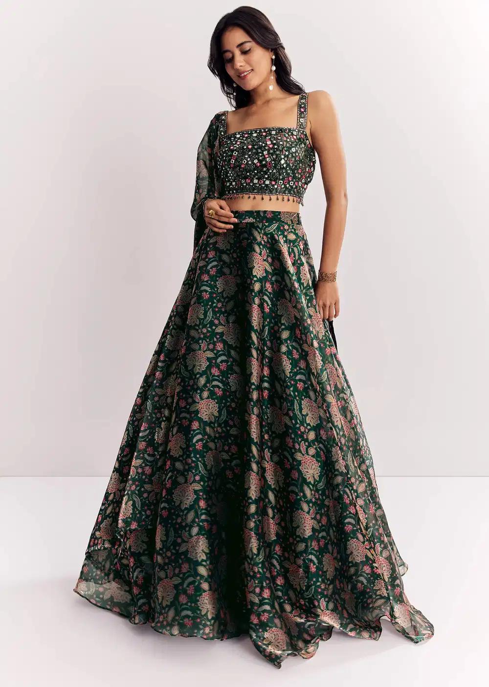 Bottle Green Mirror Work Lehenga Skirt Blouse Ensemble In Organza Tissue