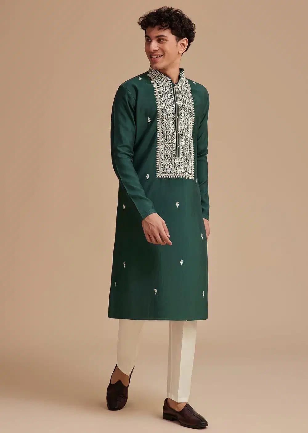 Bottle Green Silk Embroidered Kurta Elegant Designer Kurta Sets