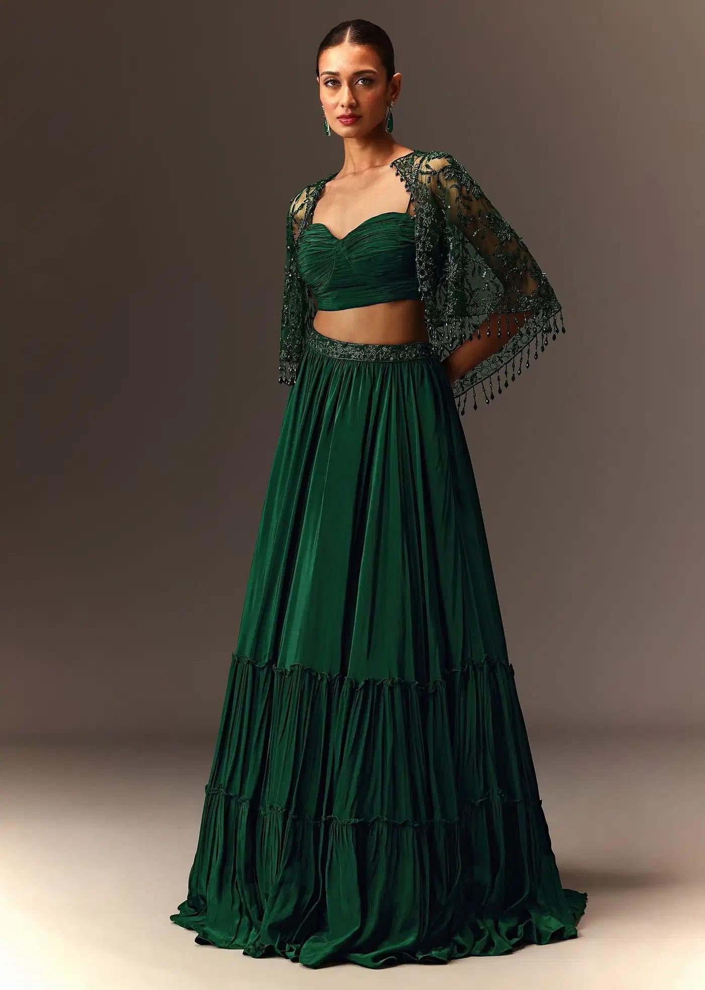 Bottle Green Tiered Lehenga Skirt Featuring Net Cape