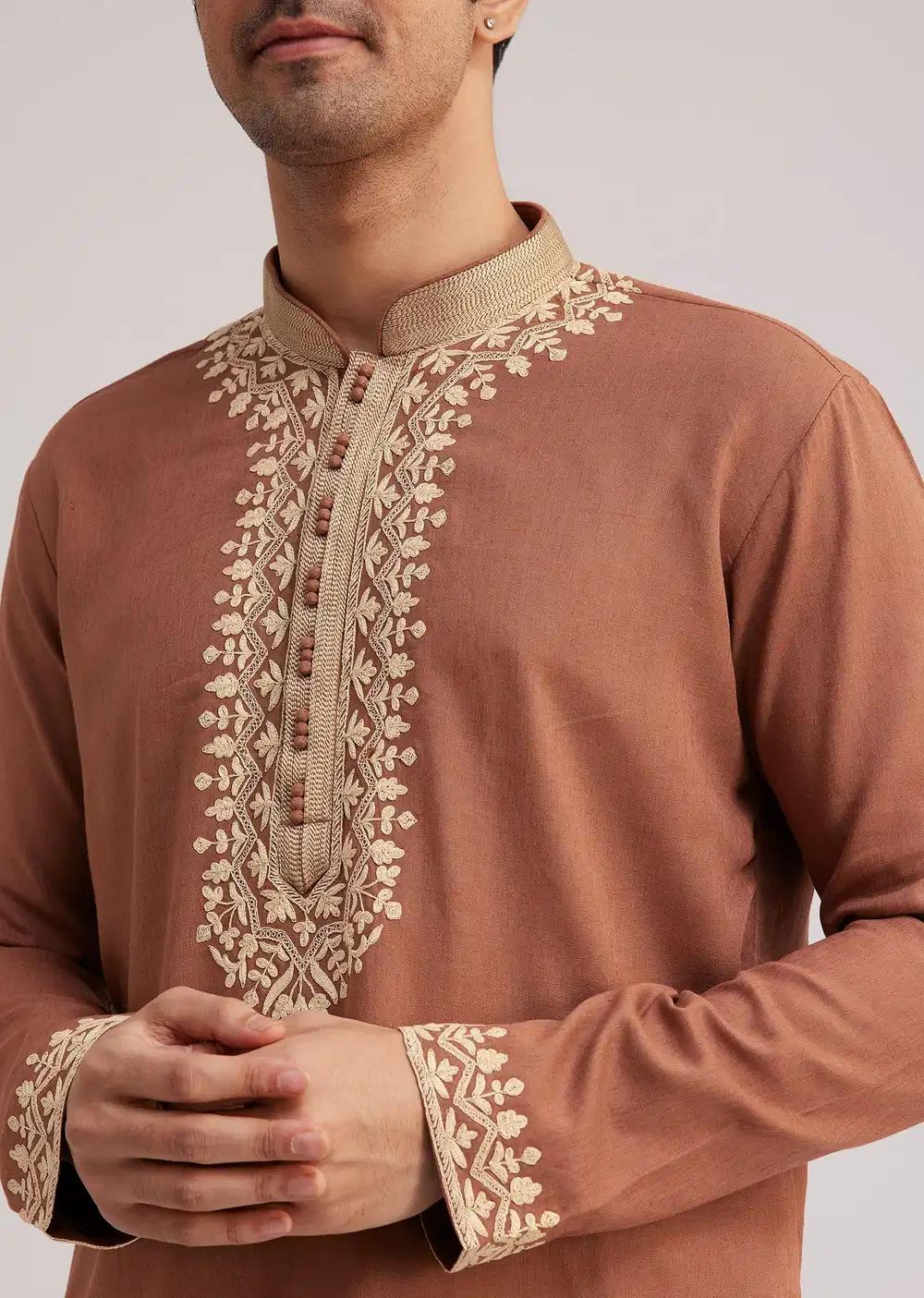 Brown Cotton Kurta Set With Embroidered Yoke And Sleeve Cuffs Elegant Designer Kurta Sets
