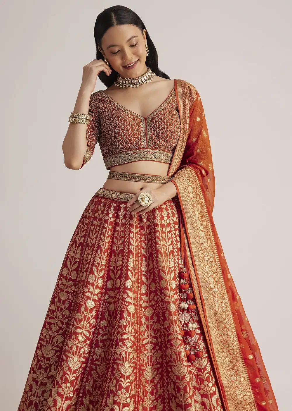 Burnt Orange Brocade Handcrafted Lehenga Skirt Ensemble