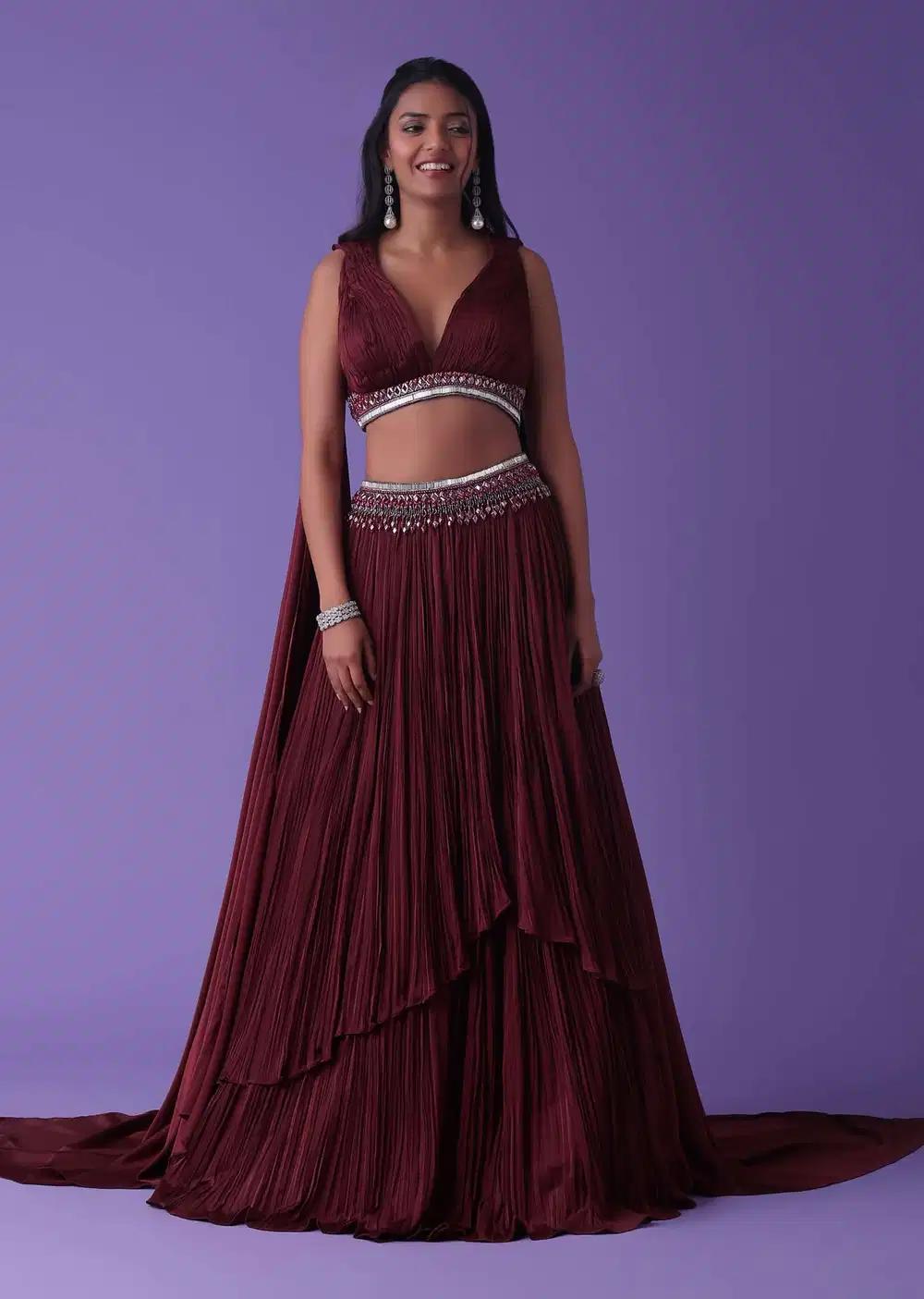 Burnt Russet Red Handcrafted Lehenga Skirt Ensemble In Satin