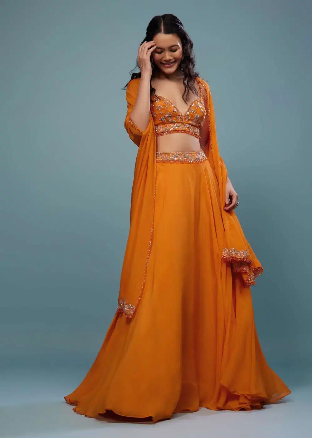 Carrot Orange Handcrafted Lehenga Skirt Ensemble In Organza