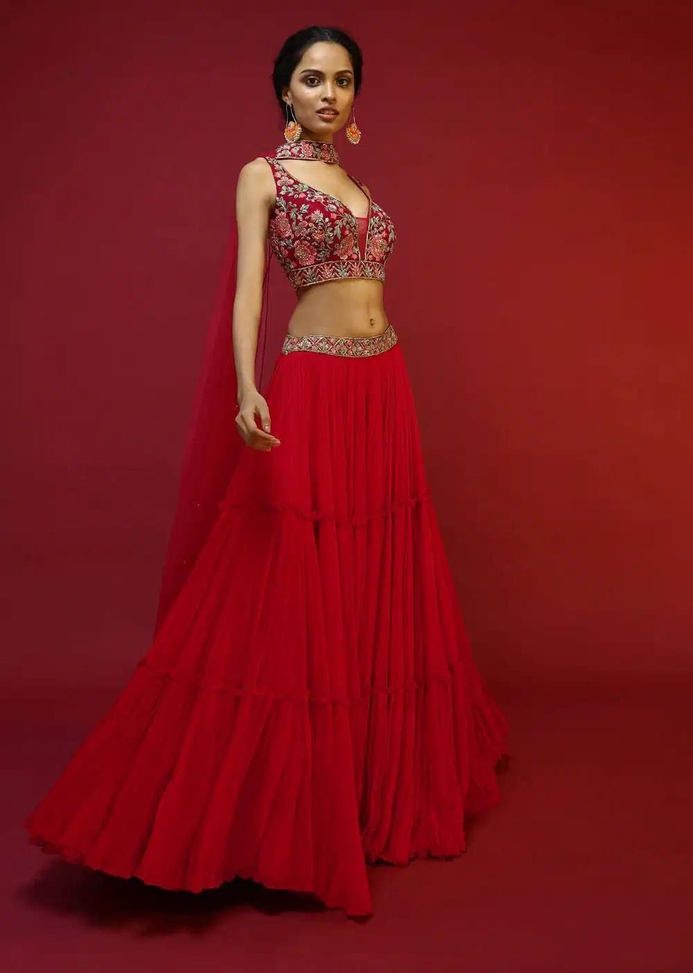 Cherry Red Gathered Lehenga Skirt Blouse Featuring Hand Handcrafted Multi Colored Resham Sequins Work In Floral Jaal Design