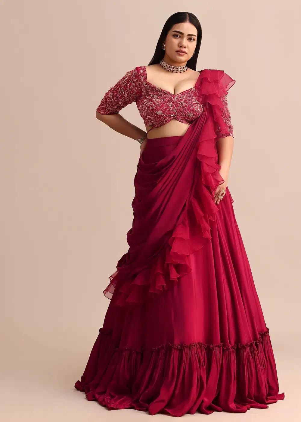 Cherry Red Lehenga Skirt Featuring Ruffle Drape