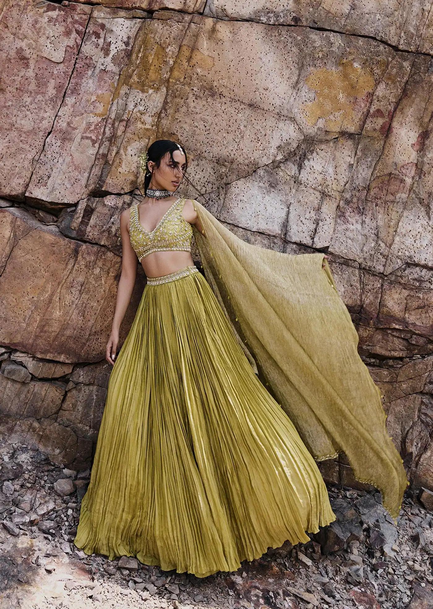 Citrus Green Ruched Lehenga Skirt Featuring Blouse Crush Drape
