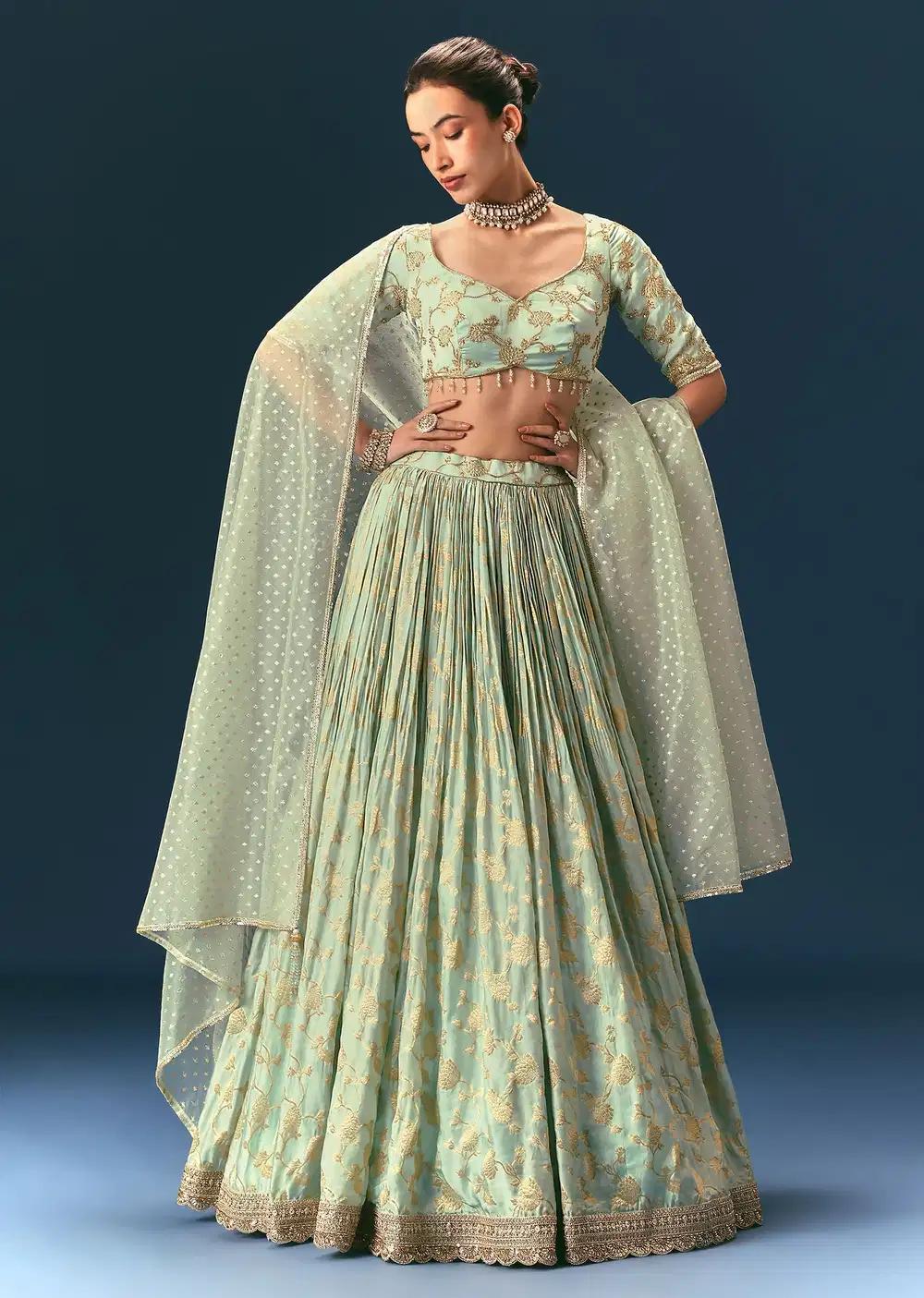 Coral Green Hand Embellished Lehenga Skirt Ensemble In Organza Satin