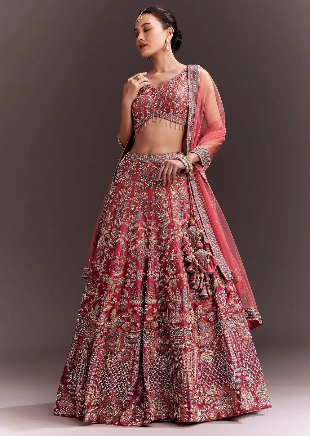 Coral Pink Handcrafted Lehenga Skirt Ensemble Featuring Net Drape